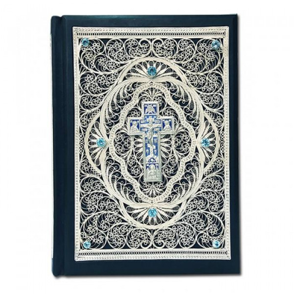 Библия большая с литьем и филигранью (серебро) и топазами 028(ф)
