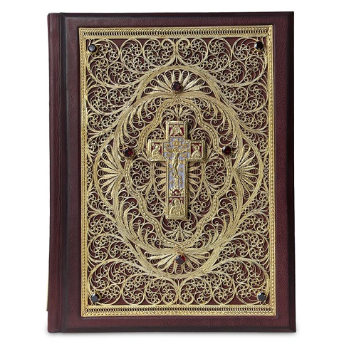 Библия большая в миниатюрах Палеха с филигранью (золото), гранатами в замшевой шкатулке 012(фз)
